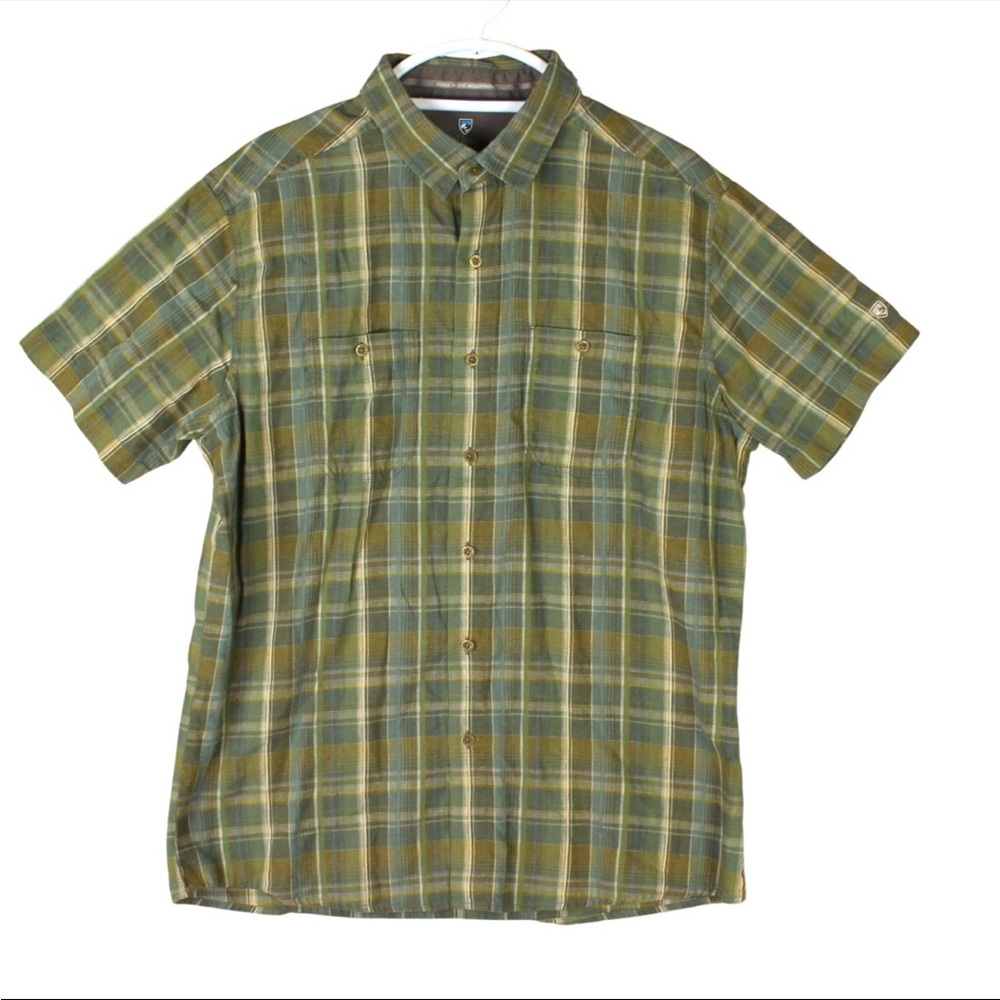 Kuhl Skorpio Linen Blend Shirt Mens Large Green Plaid Short Sleeve Button Up EUC